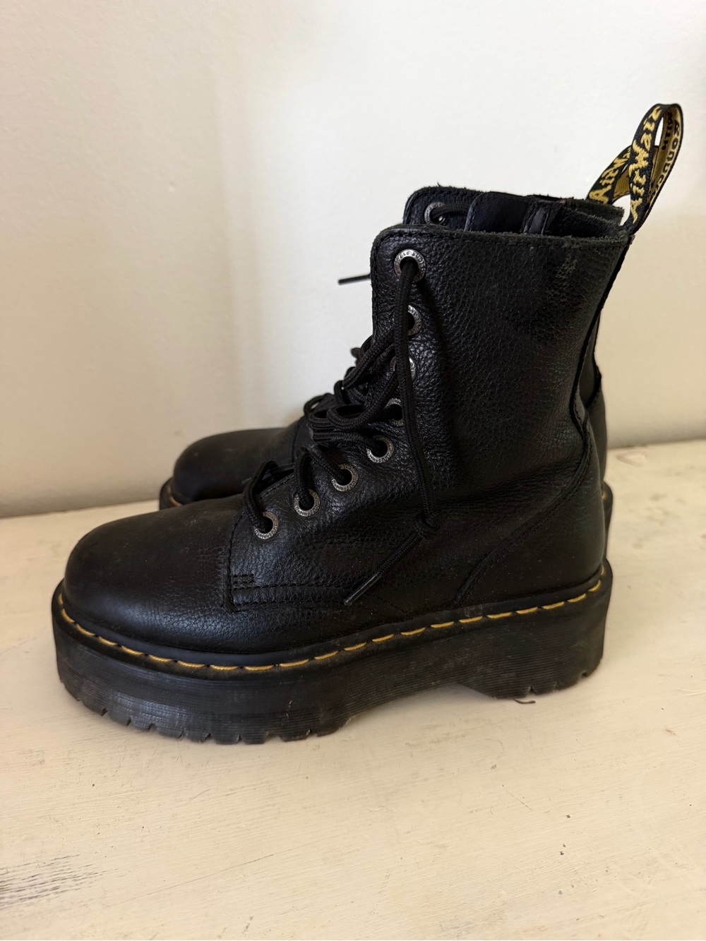 Dr. Martens Black Platform Lace-Up Ankle Boots with Yellow Stitching